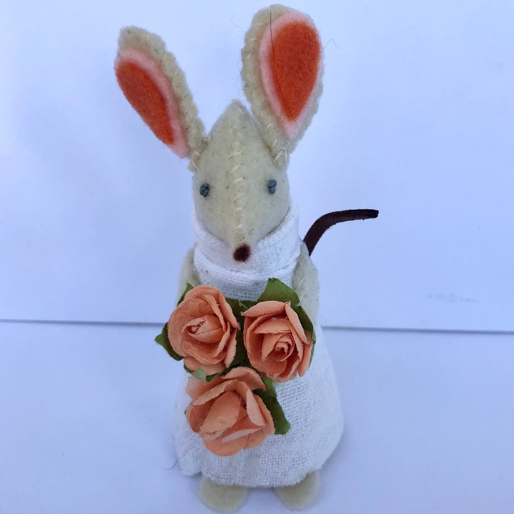 Hand-sewn Felt Cottage Mouse with orange bouquet Hand Made flowers